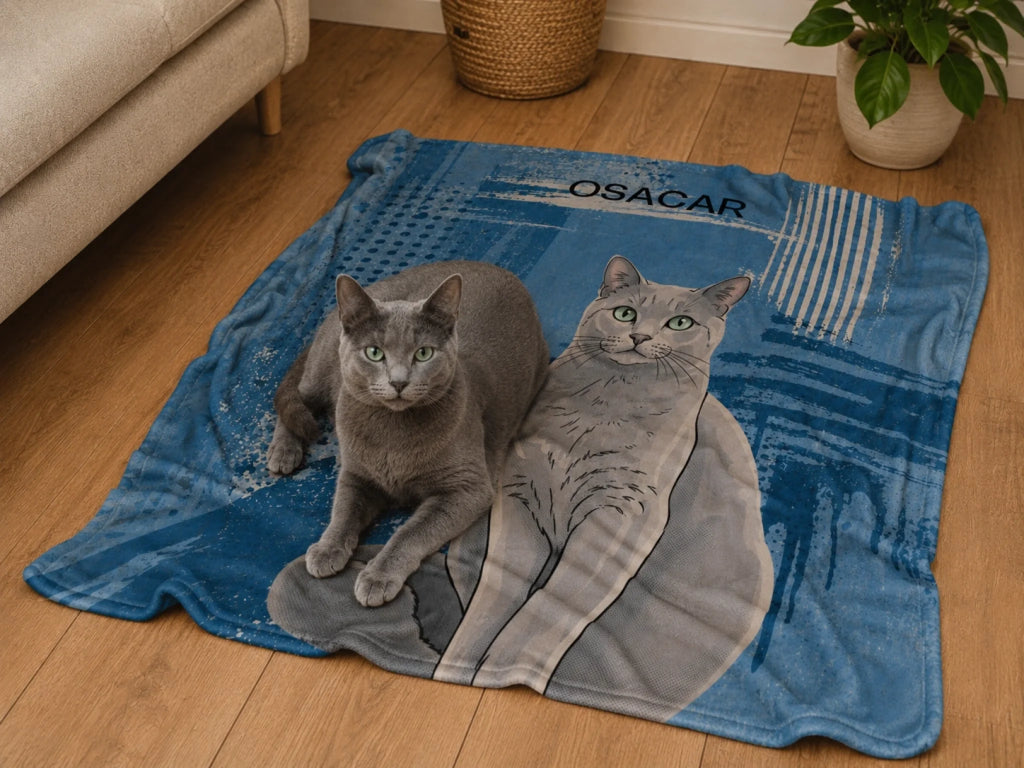 Pet Pop Art Blanket – custom pet portrait blanket in blue lifestyle setting